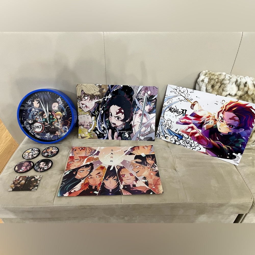 Demon Slayer Collectibles - Wall Clock, Pin-Back Buttons, Magnet, and Prints